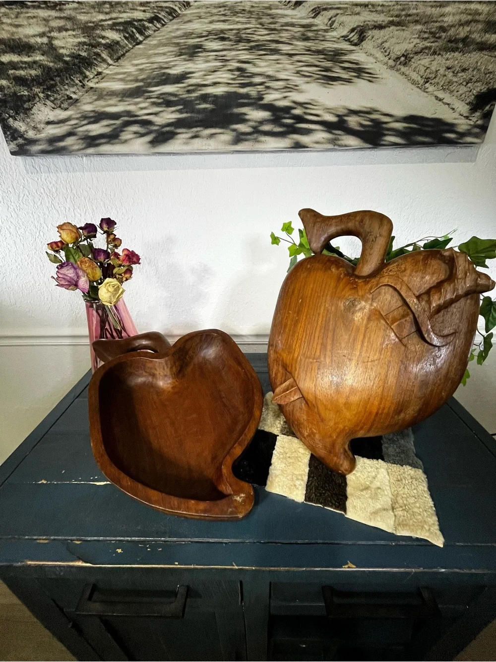 Vintage Hand-Carved Wooden Apple 🍎 Bowl with Sword 🗡️